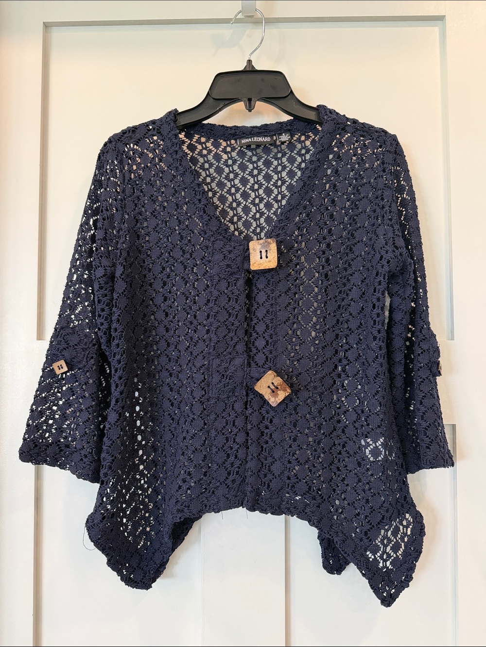 Nina Leonard Navy Crochet Open-Knit Button Cardigan
